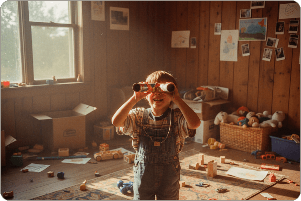 Child exploring with binoculars outdoors